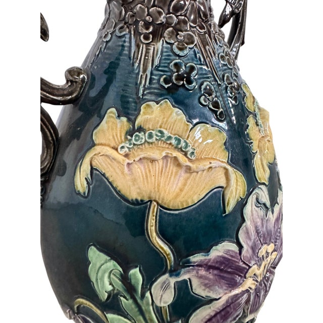 Ceramic Early 20th Century Art Nouveau Sculpted Floral Majolica Vase For Sale - Image 7 of 13