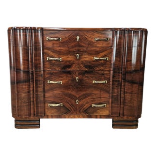 Art Deco Walnut Chest of Drawers with 4 Drawers and Brass Handles, 1940s For Sale