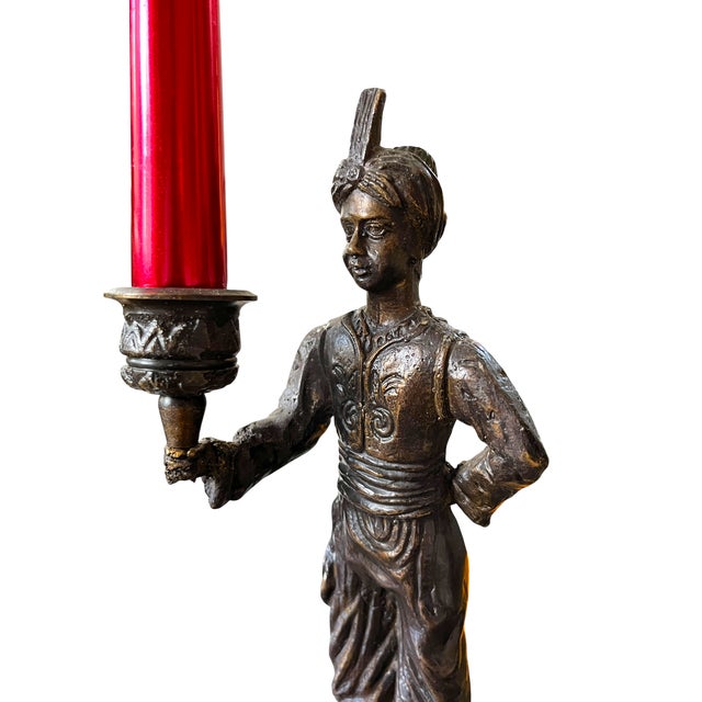 Bronze Vintage Maitland-Smith Attributed Bronze Turbaned Attendant Figural Candlesticks Manner of Tony Duquette – A Pair For Sale - Image 8 of 13