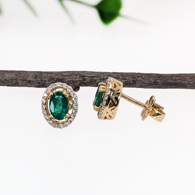 Emerald Stud Earrings w Natural Diamond Halo in Solid 14K Yellow Gold | OV 6x4mm For Sale - Image 4 of 4