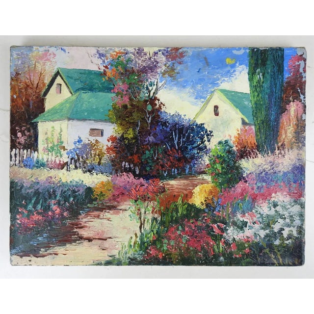 English Vintage Late 20th Century Impressionist Cottage Garden Painting For Sale - Image 3 of 3