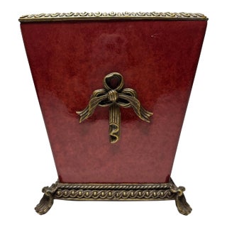 French Provincial Ceramic Solid Brass Bow Red Jardiniere For Sale