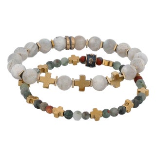 Labradorite & African Bloodstone Gold Cross Beaded Bracelet Set For Sale