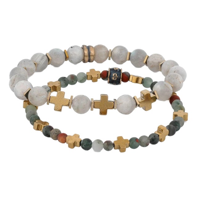 Labradorite & African Bloodstone Gold Cross Beaded Bracelet Set For Sale