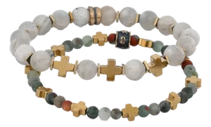 Labradorite & African Bloodstone Gold Cross Beaded Bracelet Set