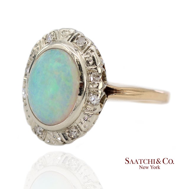 Contemporary 13k White and Yellow Gold Vintage Natural Diamond and Natural Opal Ring For Sale - Image 3 of 12