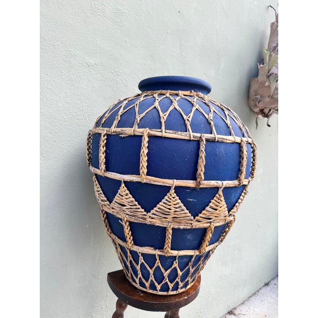 Bleu Majorelle Terracotta Woven Vessel / Vase — Cobalt Blue Mediterranean Coastal For Sale - Image 10 of 11