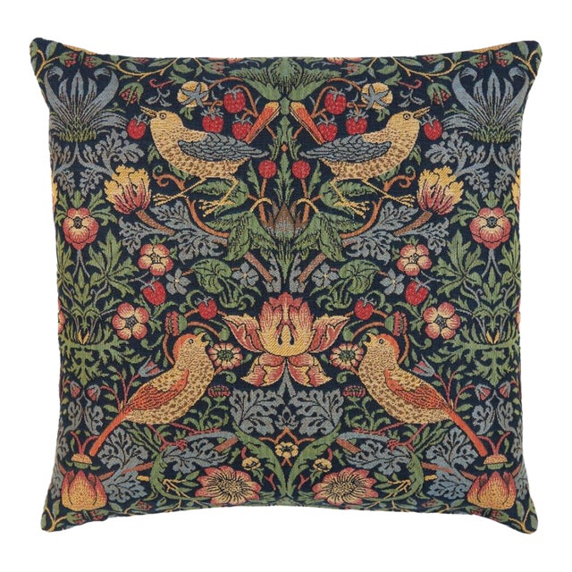 Strawberry Thief Blue Tapestry Cushion With Feather Filler - 46x46cm (18"x18") For Sale