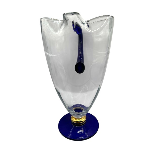 Vintage Romanian Cobalt Blue and Gold Crystal Pedestal Pitcher For Sale - Image 4 of 12
