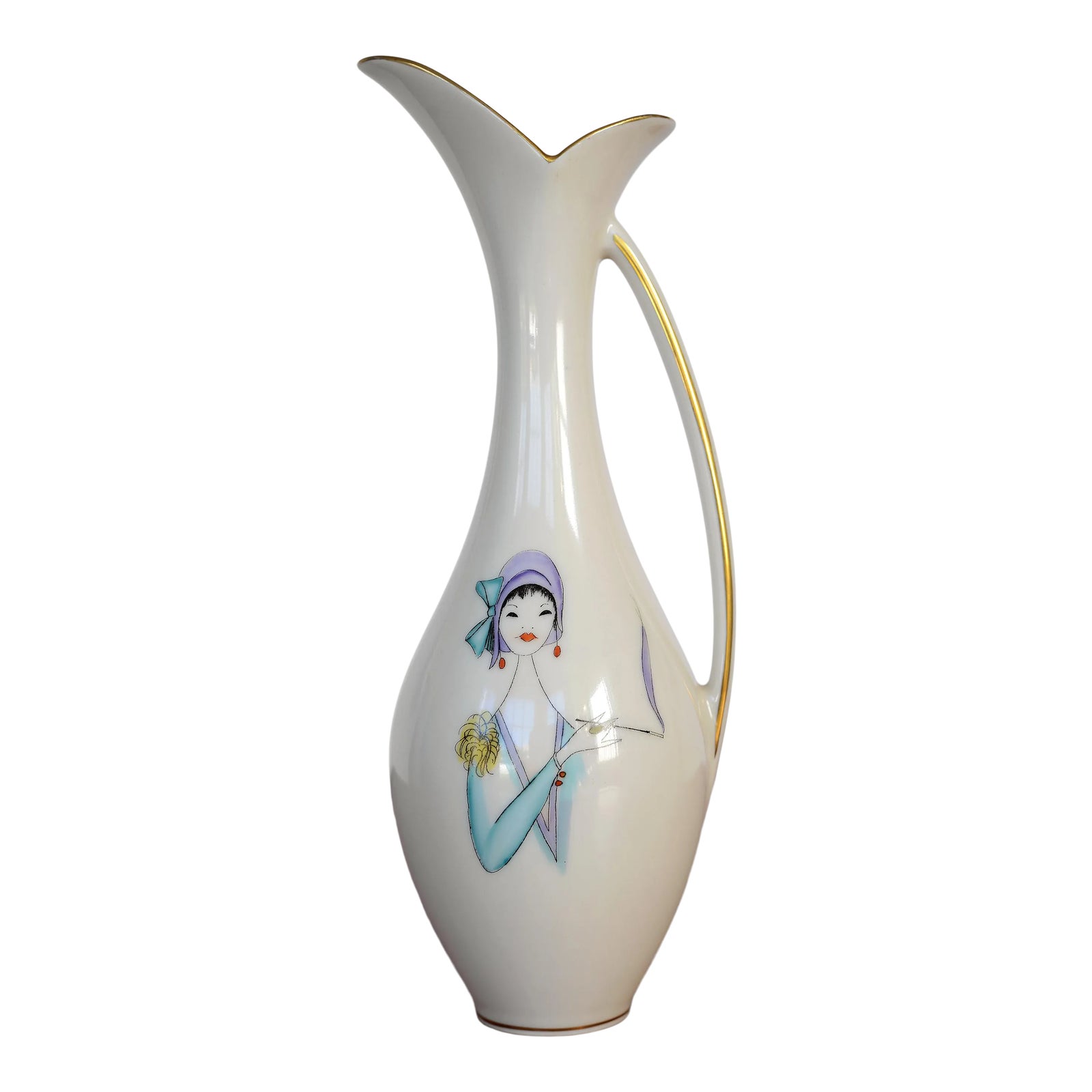Mid Century Lindner Bavaria Kueps Hand-Painted Smoking Flapper Girl ...
