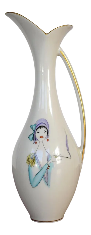 Mid Century Lindner Bavaria Kueps Hand-Painted Smoking Flapper Girl Porcelain Vase