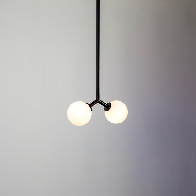 Metal Y Pendant Mini, Black, 29in H, 3 Inch Glass Globes, by Research.Lighting, Modern, Minimal Hanging Light For Sale - Image 7 of 10
