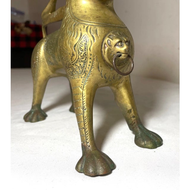 Antique 1800's Bronze Brass Aquamanile Lion Oil Lamp Lighter Temple Lion Statue For Sale - Image 12 of 14
