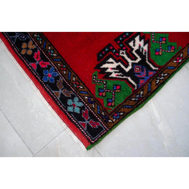 Red 1970s Hand Made Turkish Mat Rug Small Rug Kitchen Mat Organic Wool - 1'11" X 3'10" For Sale - Image 8 of 10