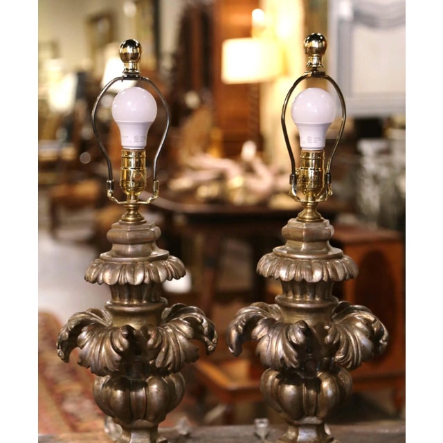 Pair of Mid-Century Italian Carved Silvered Table Lamps For Sale In Dallas - Image 6 of 9