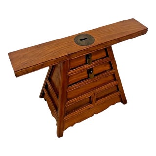 1940s Vintage Japanese Stool With Four Drawers Handmade Brass Trim Solid Cherry Wood For Sale