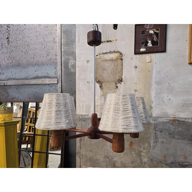 Mid-Century Modern Vintage Teak and Wool 5-Arm Ceiling Light from Domus, Germany, 1970s For Sale - Image 3 of 17