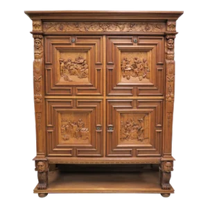 French Bruegel Style Carved 4 Door Cabinet or Entertainment Center