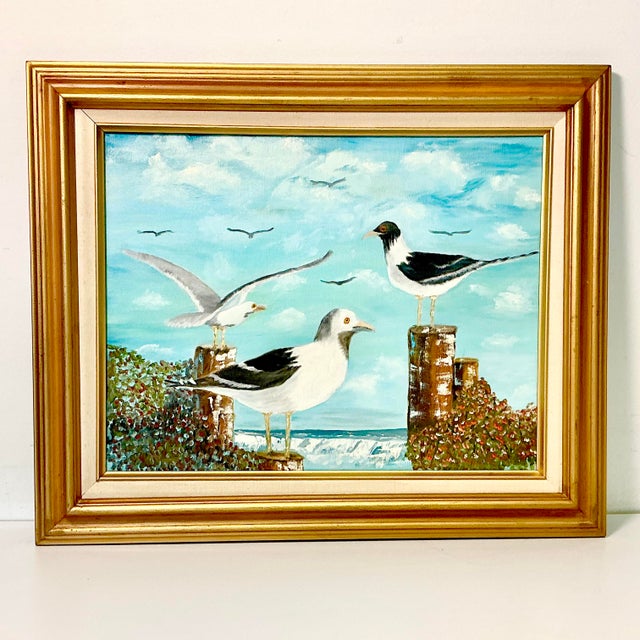 Painted in 1982 by Jay Brown, from Meza, AZ, this Original Oil Painting depicts Seagulls perched on dock pier posts. There...