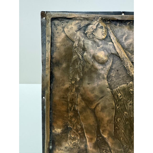 Metal Vintage Art Nouveau Style Bronze Relief Plaque Nude Figures With Peacock For Sale - Image 7 of 7