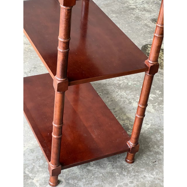 1980s Vintage Faux Bamboo Chinoiserie Mahogany Brass Capped Etagere Shelf Unit For Sale - Image 5 of 8