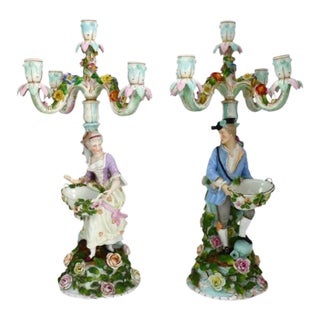 Pair 21" Meissen Style Figural & Floral Porcelain Candelabras C1890 For Sale