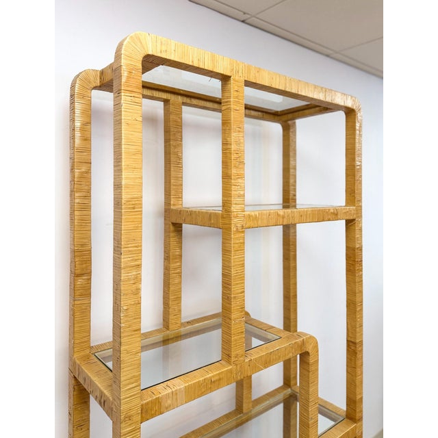 Coastal Etagere Rattan Wrapped Milo Baughman Style Five Tier Glass Shelf MCM For Sale - Image 4 of 15