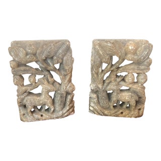 Antique Soapstone Bookends, Carved With a Deer, Bird and Bat- a Pair For Sale