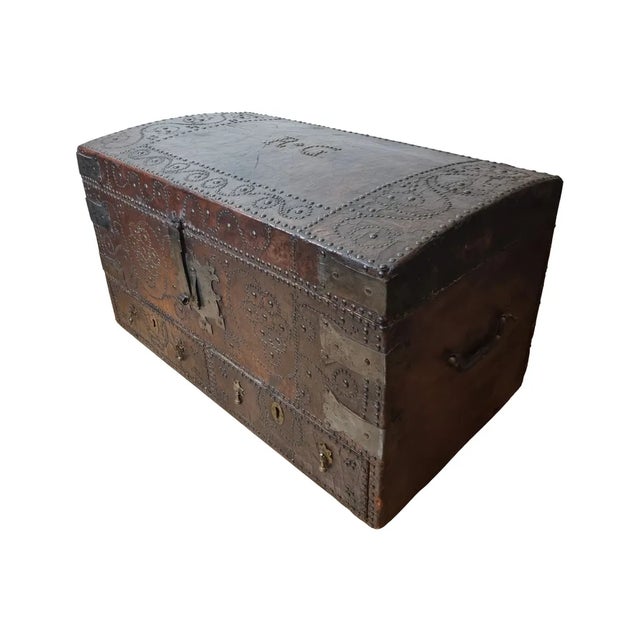 17th Century William and Mary Brass Studded Leather Chest For Sale - Image 11 of 11