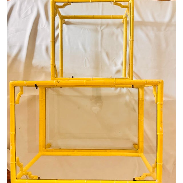 Mid-Century Modern Pair of Vintage Meadowcraft Palm Beach Style Faux Bamboo Side Tables in a Custom Canary Yellow For Sale - Image 3 of 9