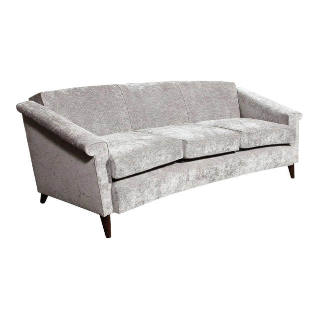 1960s Mid-Century Modern Sofa in Smoked Pewter Velvet & Ebonized Walnut by Jules Leleu For Sale