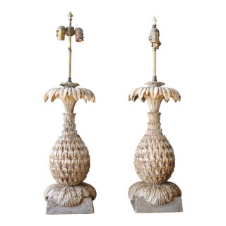 Vintage Italian Carved Wood Pineapple Table Lamps — Pair For Sale