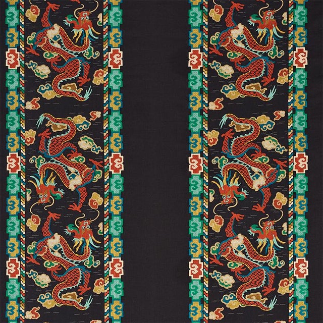 This over-the-top, double-stripe dragon pattern inspired by 18th-century Chinese carpets juxtaposes intricate, labor-...