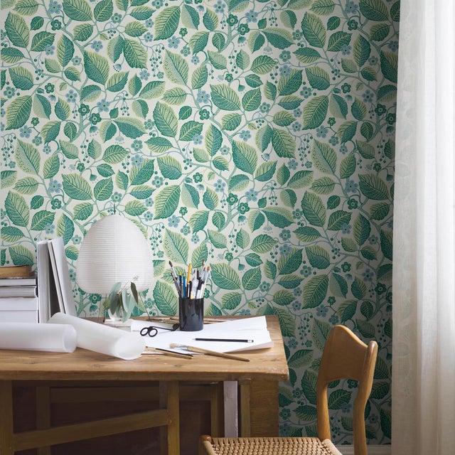 English Boråstapeter Elm Tree Wallcovering In Blue And Green For Sale - Image 3 of 4