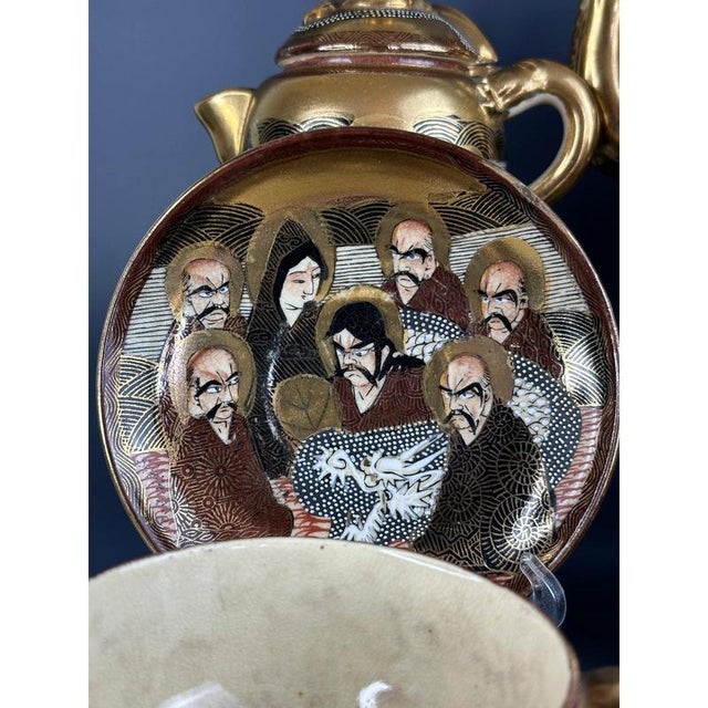 Antique Japanese Meiji Hand-Painted Shimazu Satsuma Tea Service with Moriage Kannon Immortals and Dragons, Set of 14 For Sale - Image 5 of 11