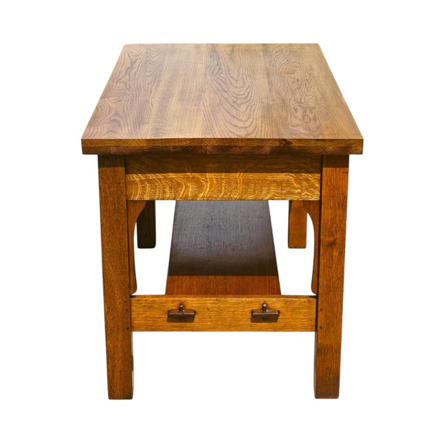 Antique Arts & Crafts Mission Oak Two Drawer Library Table / Office Desk For Sale - Image 10 of 12