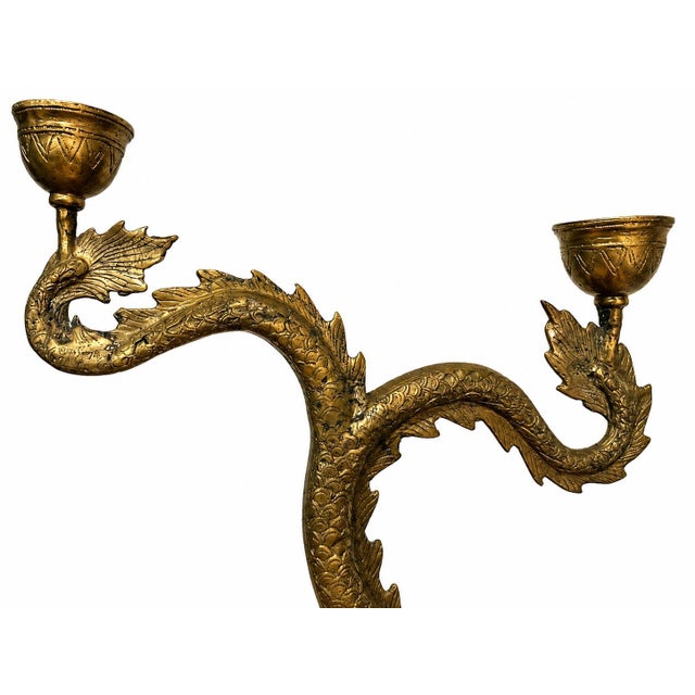 1970s Monumental Vintage Cast Brass Chinese Dragon Two-Light Candelabra, 37” For Sale - Image 5 of 5