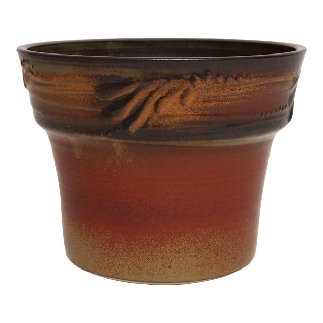 Vintage Orange and Red Ceramic Planter With Botanical Relief by Deanna Nichols For Sale
