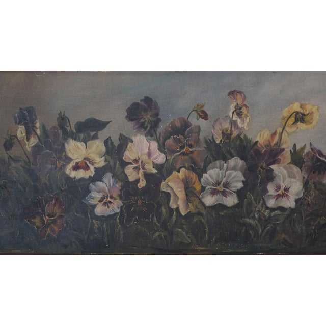 Beautiful antique pansy oil painting, in good overall condition. *The painting itself is antique, but the frame is vintage.