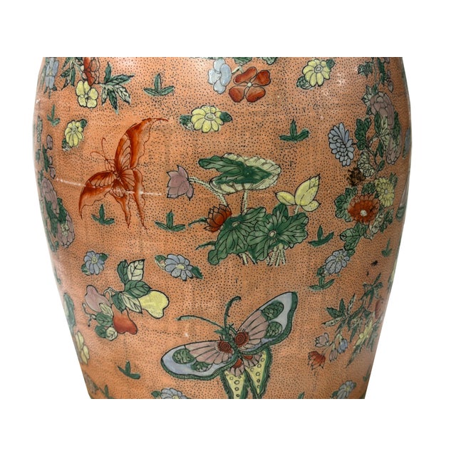 Vintage Oriental Pink Rose Butterflies Floral Graphic Porcelain Jar For Sale - Image 12 of 13