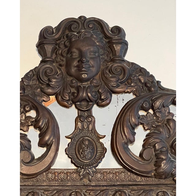 Glass Mirror with Closed Pares in Repoussé Copper Decorated with Garlands of Flowers For Sale - Image 7 of 12