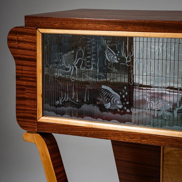 Mid-Century Bar Cabinet with Etched Underwater Scene, Italy For Sale - Image 9 of 11