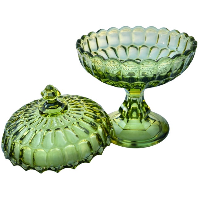 Art Deco Antique Textured Green Crystal Lidded Bowl For Sale - Image 3 of 5