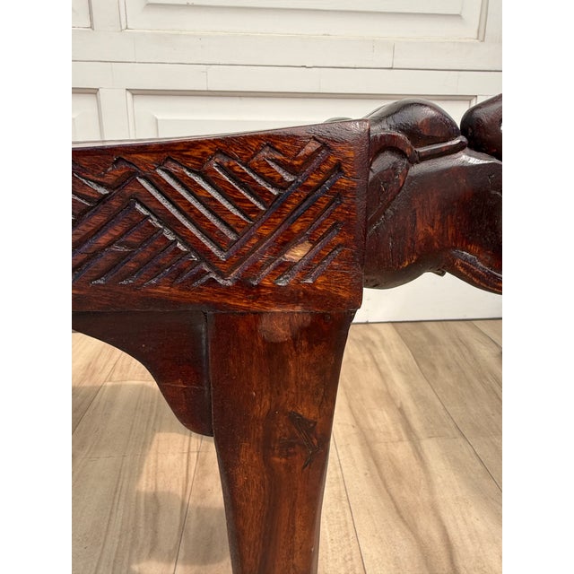 Vintage Indian Hand-Carved Solid Wood Elephant Bench For Sale - Image 4 of 12