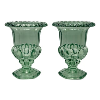 Pair of Vintage Sage Green Pressed Glass Pedestal Urn Vases For Sale