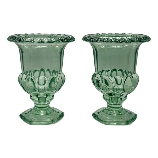 Pair of Vintage Sage Green Pressed Glass Pedestal Urn Vases For Sale