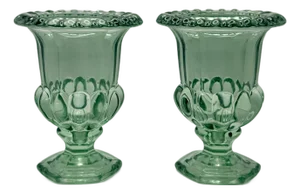 Pair of Vintage Sage Green Pressed Glass Pedestal Urn Vases
