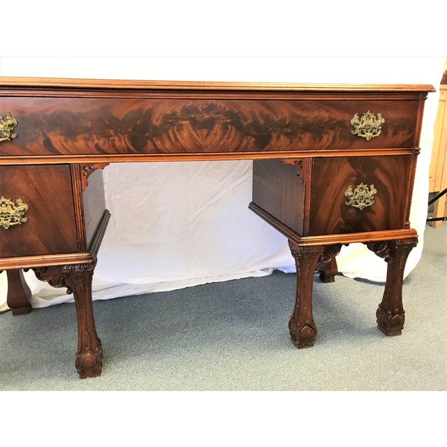 Antique Cherry Writing Desk With Carved Legs and Ornate Brass Hardware