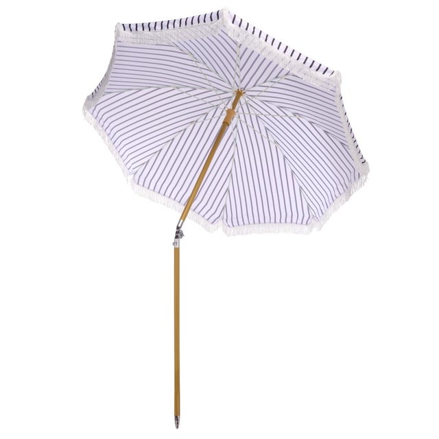 Bella 6.5 Ft Beach Fringed Umbrella, Black Bistro Stripe For Sale In Philadelphia - Image 6 of 8