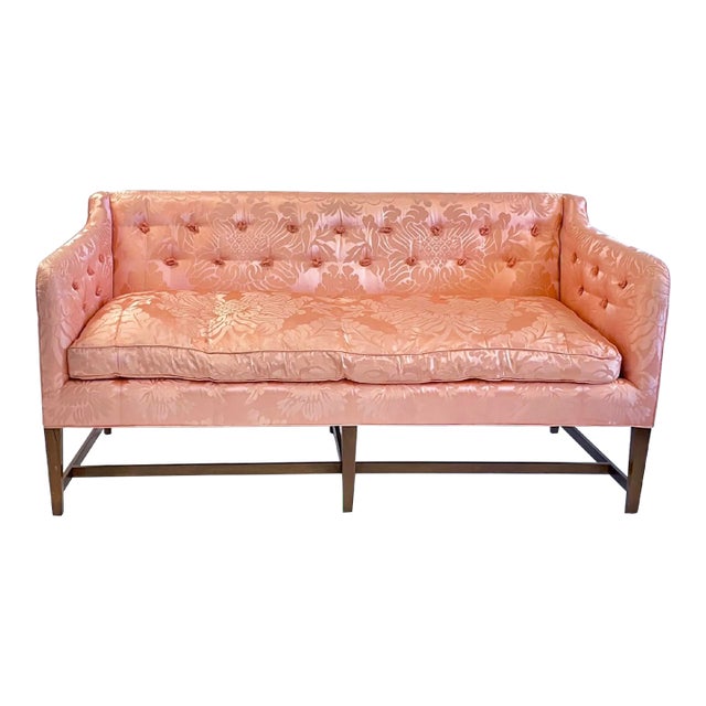 Vintage Peach Silk Damask Upholstered Sofa For Sale